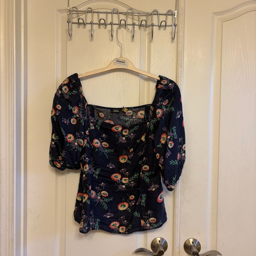 Polo‎ Ralph Lauren Navy Floral Puff Sleeve Blouse - Picture 9 of 10